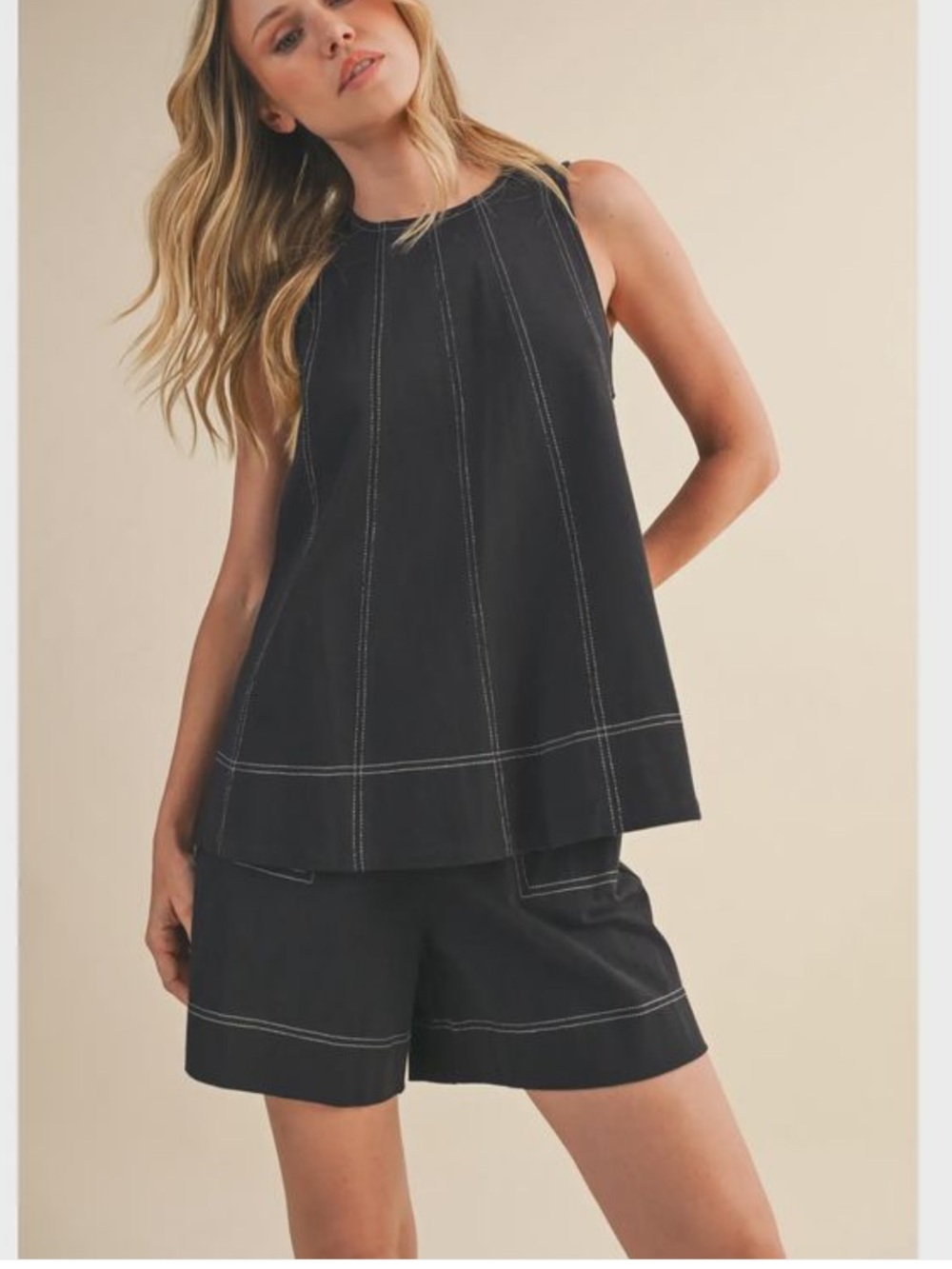 HYFVE Black Sleeveless A-Line Top and short set.   Contrast Stitching